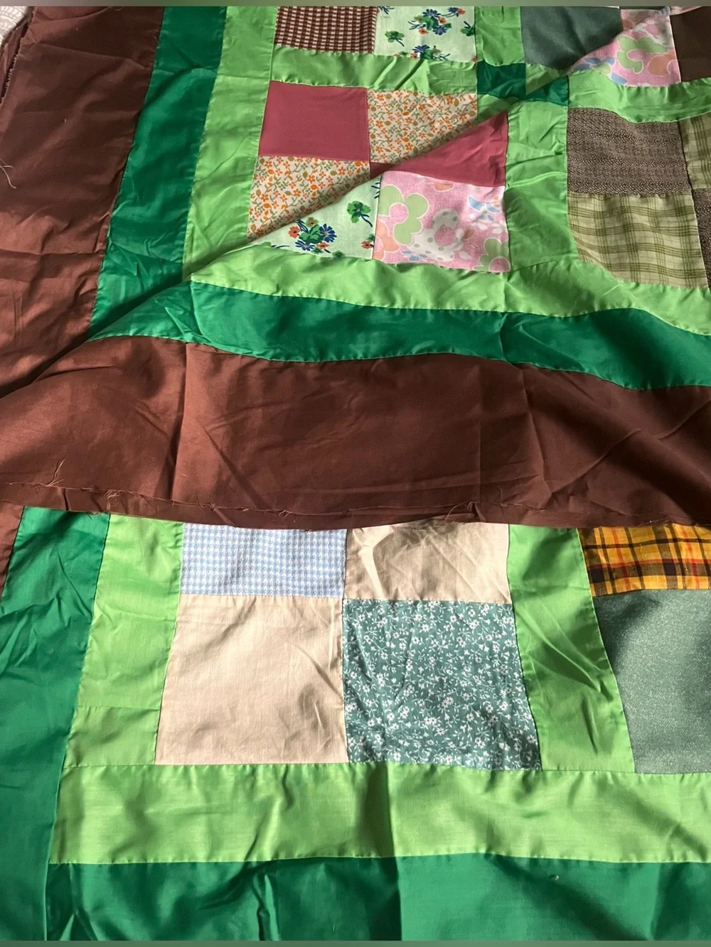quilt top 76”x97”, cotton & synthetic square block w/variety of pattern & color